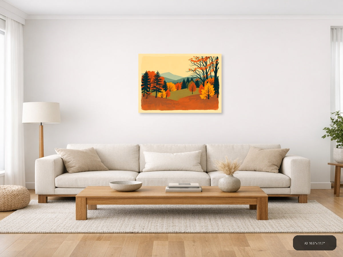 Vintage Autumn Forest Mountain Landscape Wall Art — A3 / Living Room