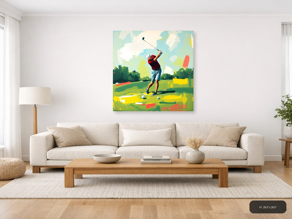 Golfer Mid-Swing Abstract Green & Yellow Wall Art — A1 / Living Room
