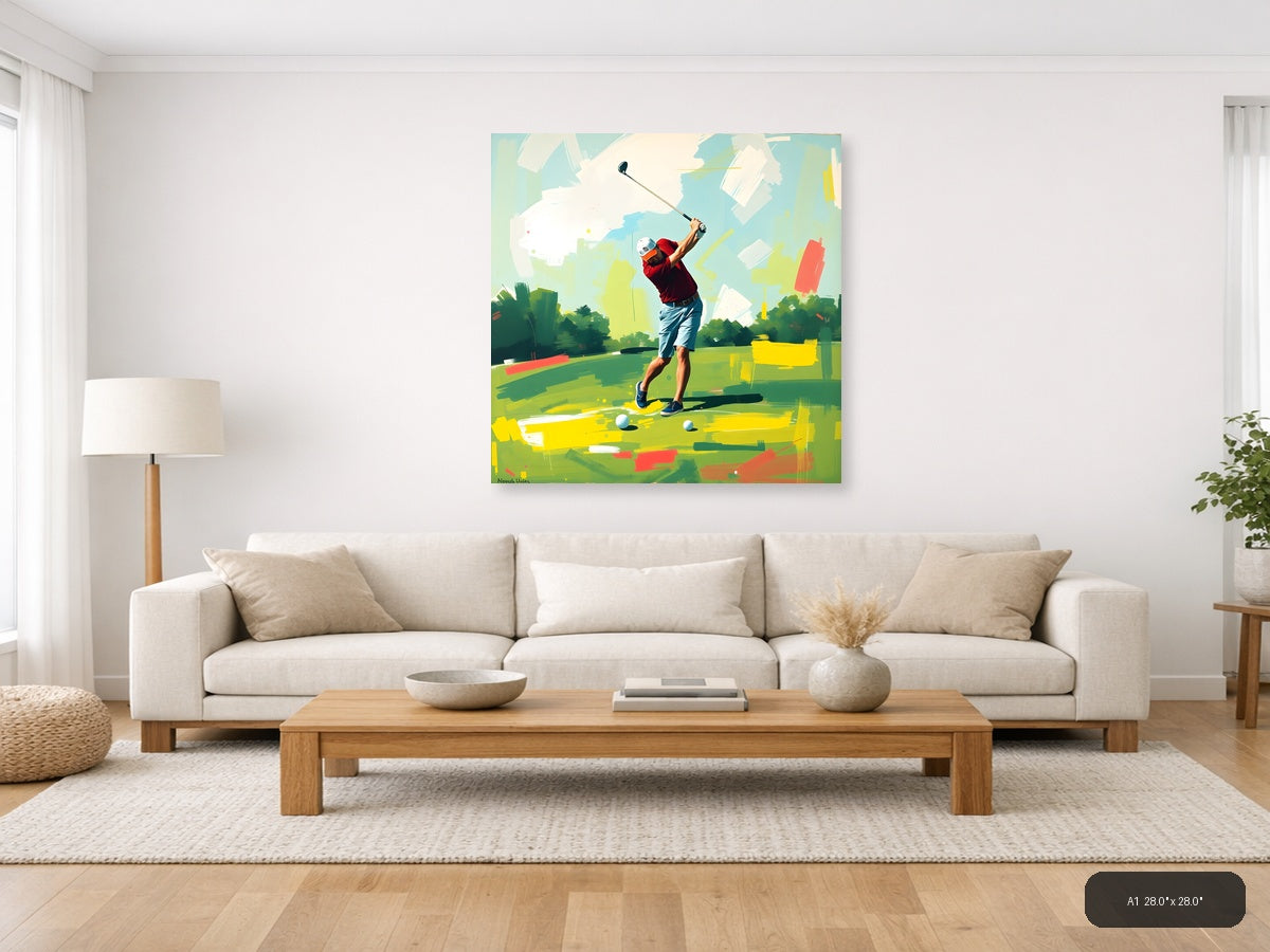 Golfer Mid-Swing Abstract Green & Yellow Wall Art — A1 / Living Room