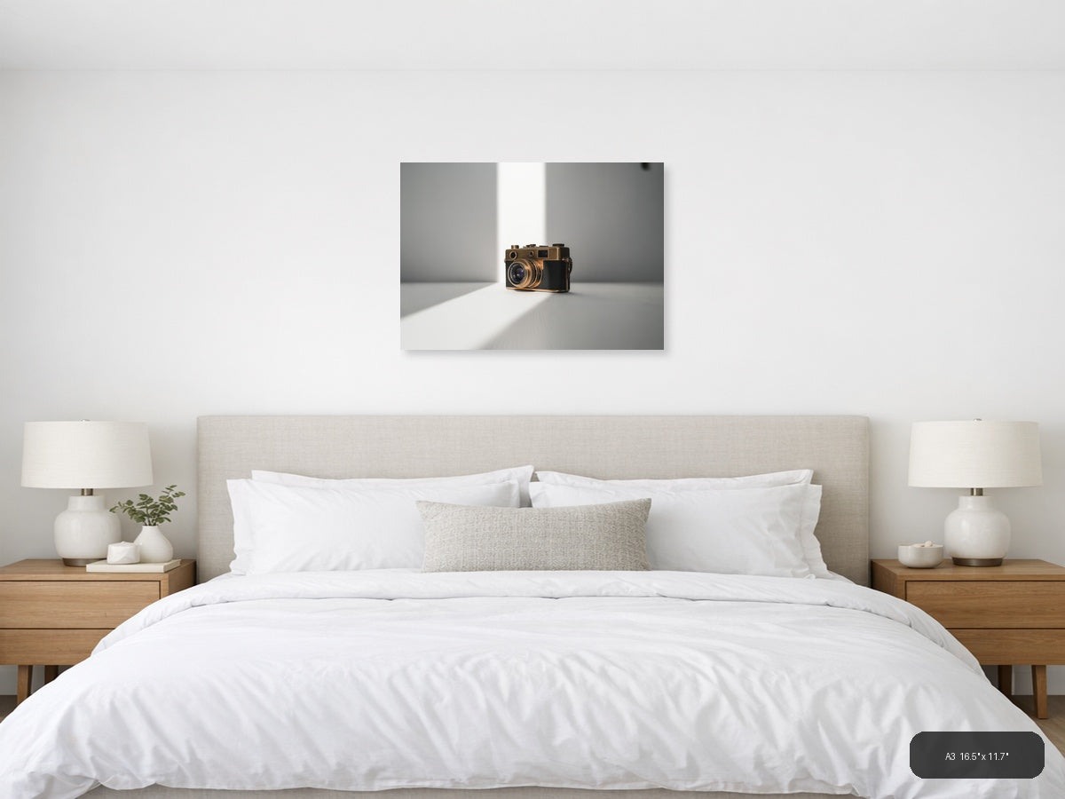 Vintage Gold Camera Minimalist Photography Wall Art — A3 / Bedroom