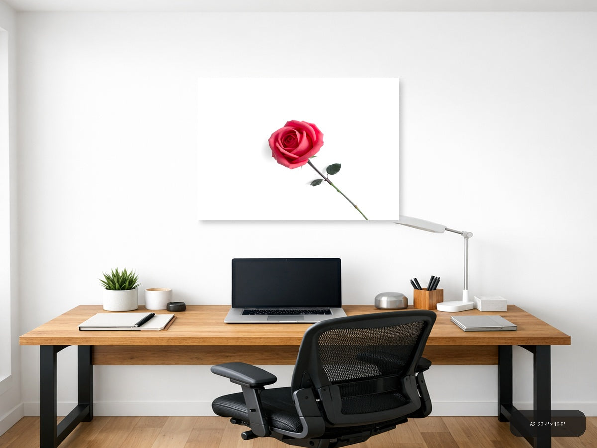 Minimalist Pink Rose on White Background Wall Art — A2 / Office