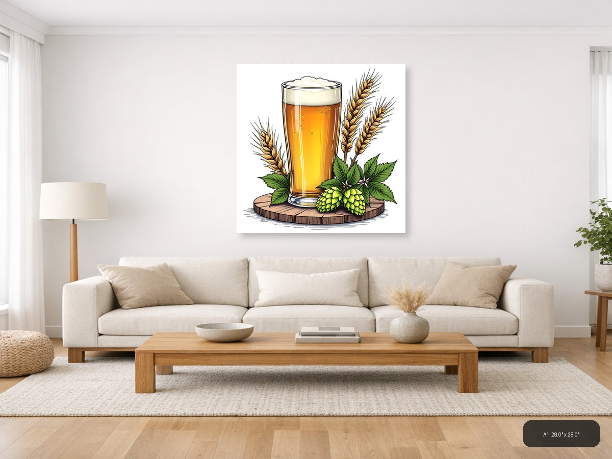 Beer Glass with Hops and Wheat Line Art Wall Art — A1 / Living Room
