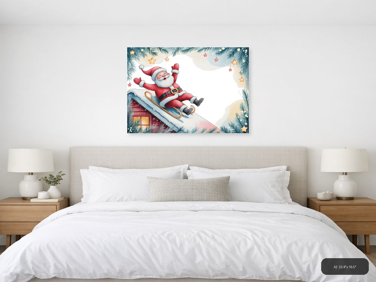 Santa Sledding Watercolor Christmas Wall Art — A2 / Bedroom