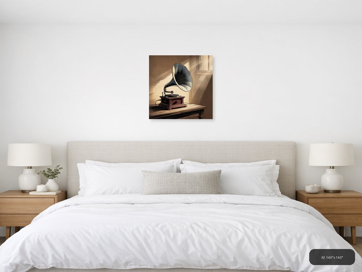 Vintage Gramophone with Sunlit Window Wall Art — A3 / Bedroom