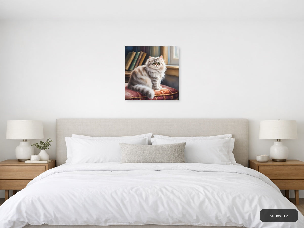 Fluffy White Cat by Books Watercolor Wall Art — A3 / Bedroom