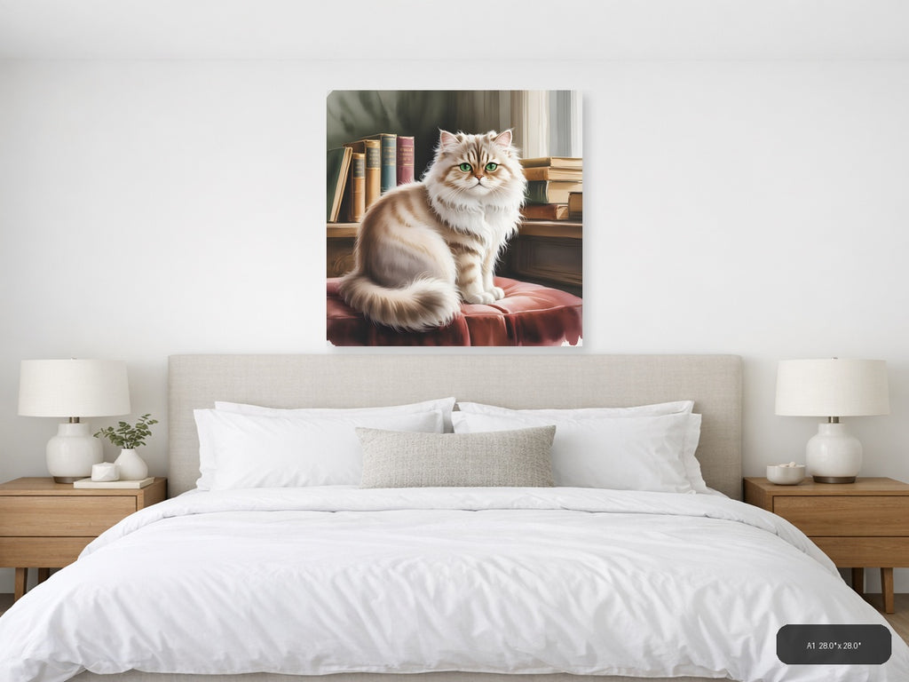 Fluffy White Cat with Green Eyes Watercolor Wall Art — A1 / Bedroom