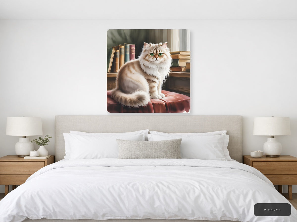 Fluffy White Cat with Green Eyes Watercolor Wall Art — A1 / Bedroom