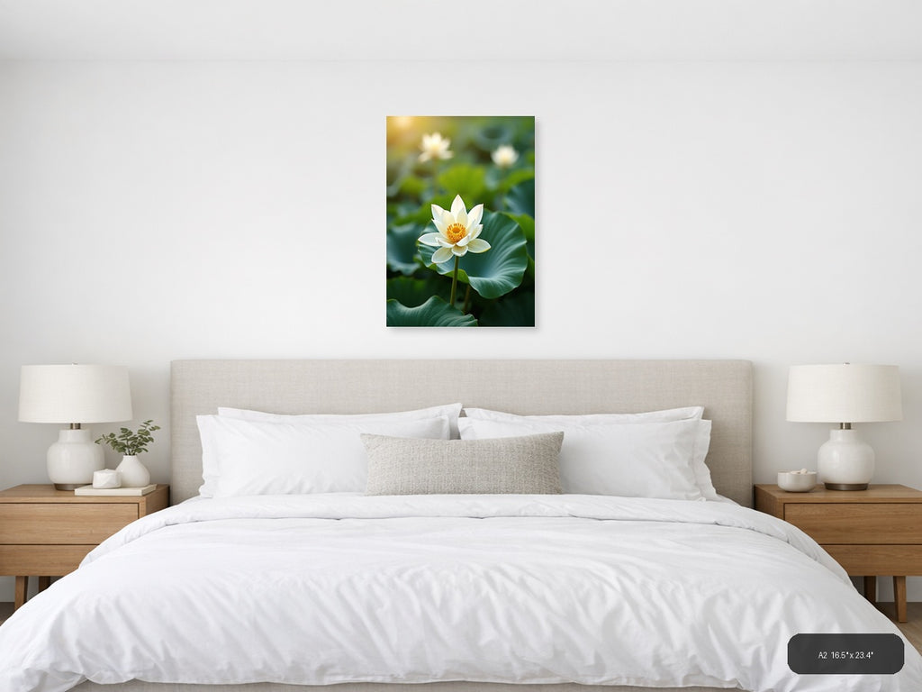 White Lotus Flower Botanical Portrait Wall Art — A2 / Bedroom
