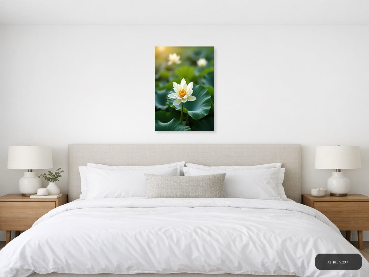 White Lotus Flower Botanical Portrait Wall Art — A2 / Bedroom