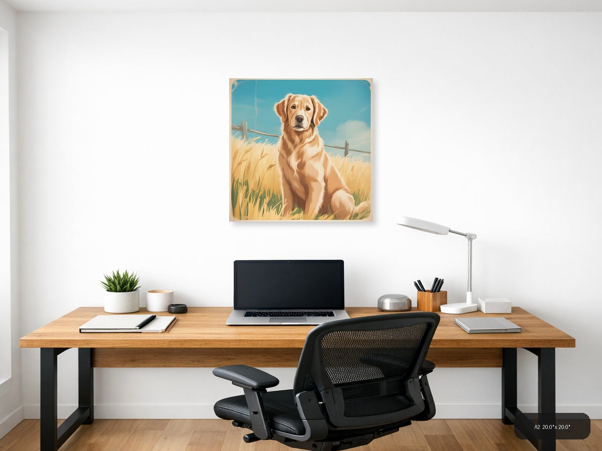 Golden Retriever in Wheat Field Vintage Wall Art — A2 / Office