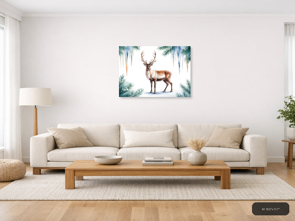 Winter Reindeer with Pine Branches Watercolor Wall Art — A3 / Living Room