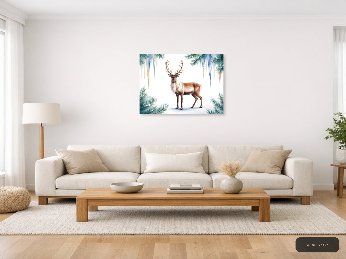 Winter Reindeer with Pine Branches Watercolor Wall Art — A3 / Living Room