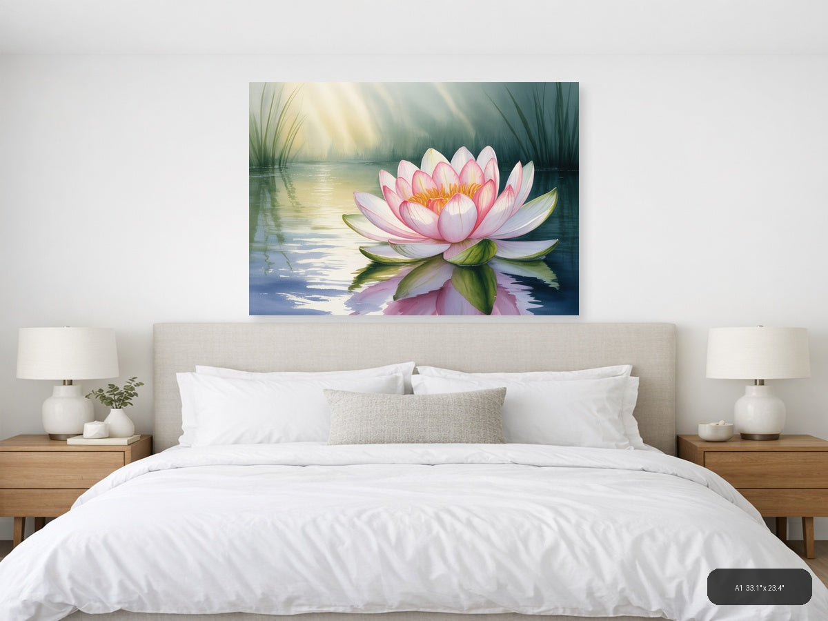 Pink Water Lily Watercolor Landscape Wall Art — A1 / Bedroom