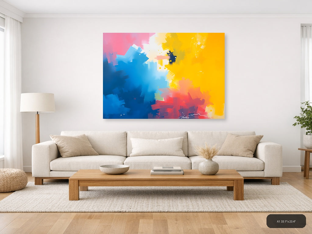 Blue Yellow Red Abstract Brushstrokes Modern Wall Art — A1 / Living Room