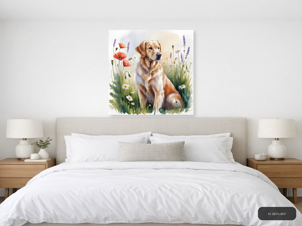 Golden Retriever in Wildflower Garden Watercolor Wall Art — A1 / Bedroom