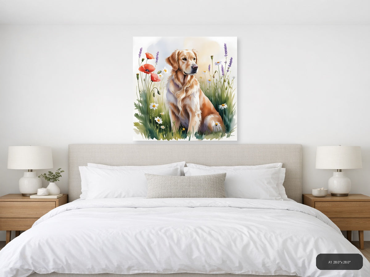 Golden Retriever in Wildflower Garden Watercolor Wall Art — A1 / Bedroom