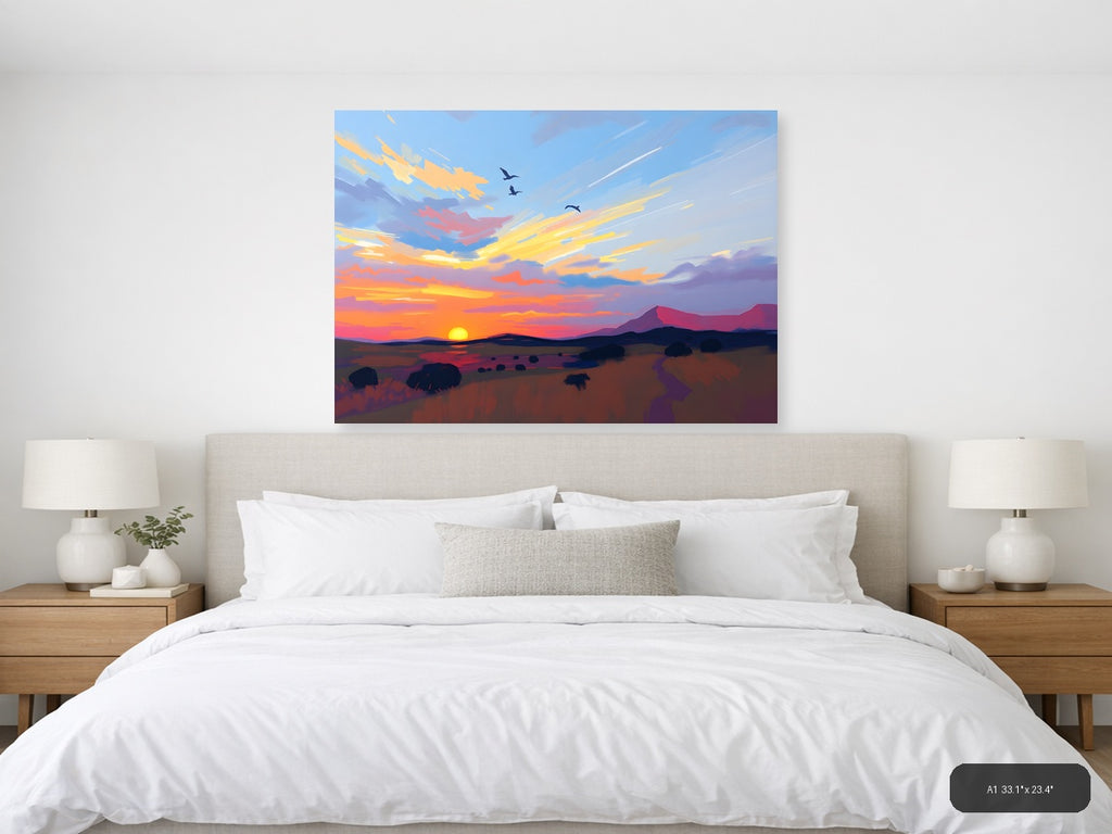 Abstract Sunset Desert Landscape with Flying Birds Wall Art — A1 / Bedroom