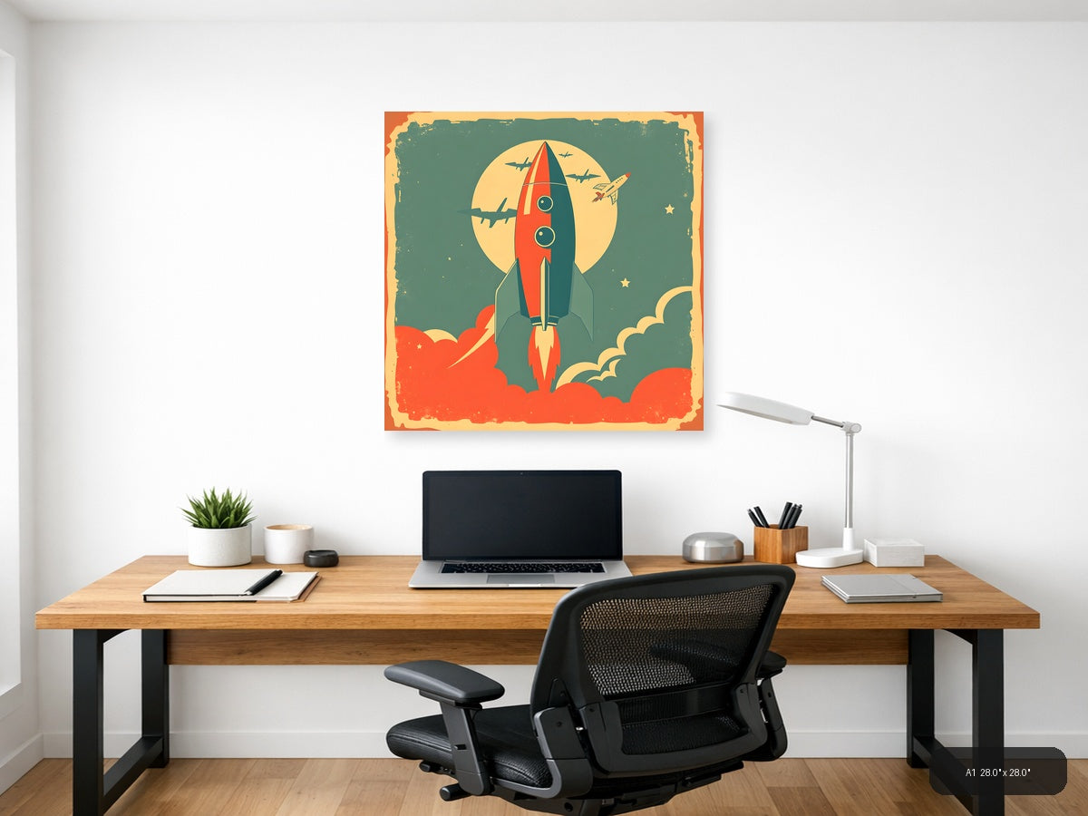 Vintage Rocket Launch Illustration Square Wall Art — A1 / Office