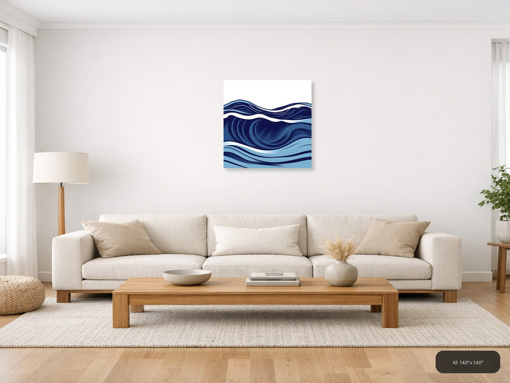 Abstract Ocean Waves Minimalist Blue Wall Art — A3 / Living Room