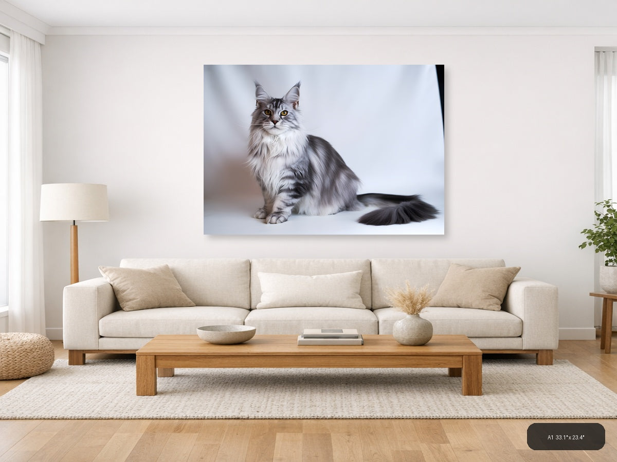 Gray Tabby Cat Portrait Minimalist Wall Art — A1 / Living Room