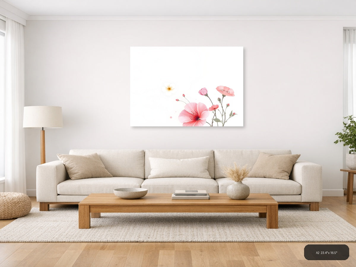 Pink Carnations & Sun Minimalist Floral Wall Art — A2 / Living Room