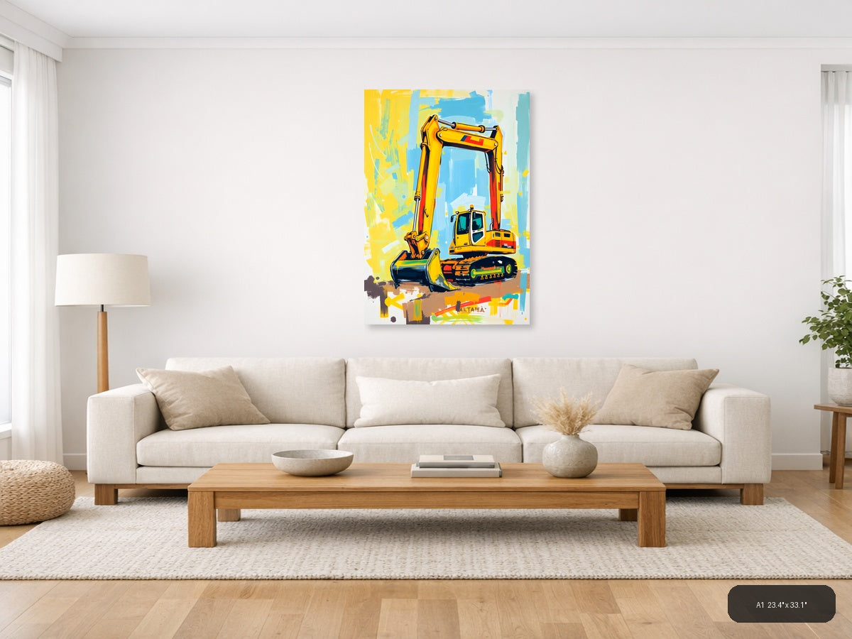 Yellow Excavator Abstract Construction Wall Art — A1 / Living Room