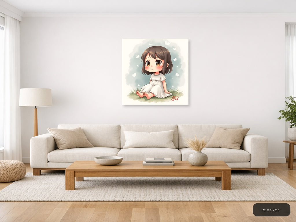 Cute Girl Sitting Watercolor Square Wall Art — A2 / Living Room