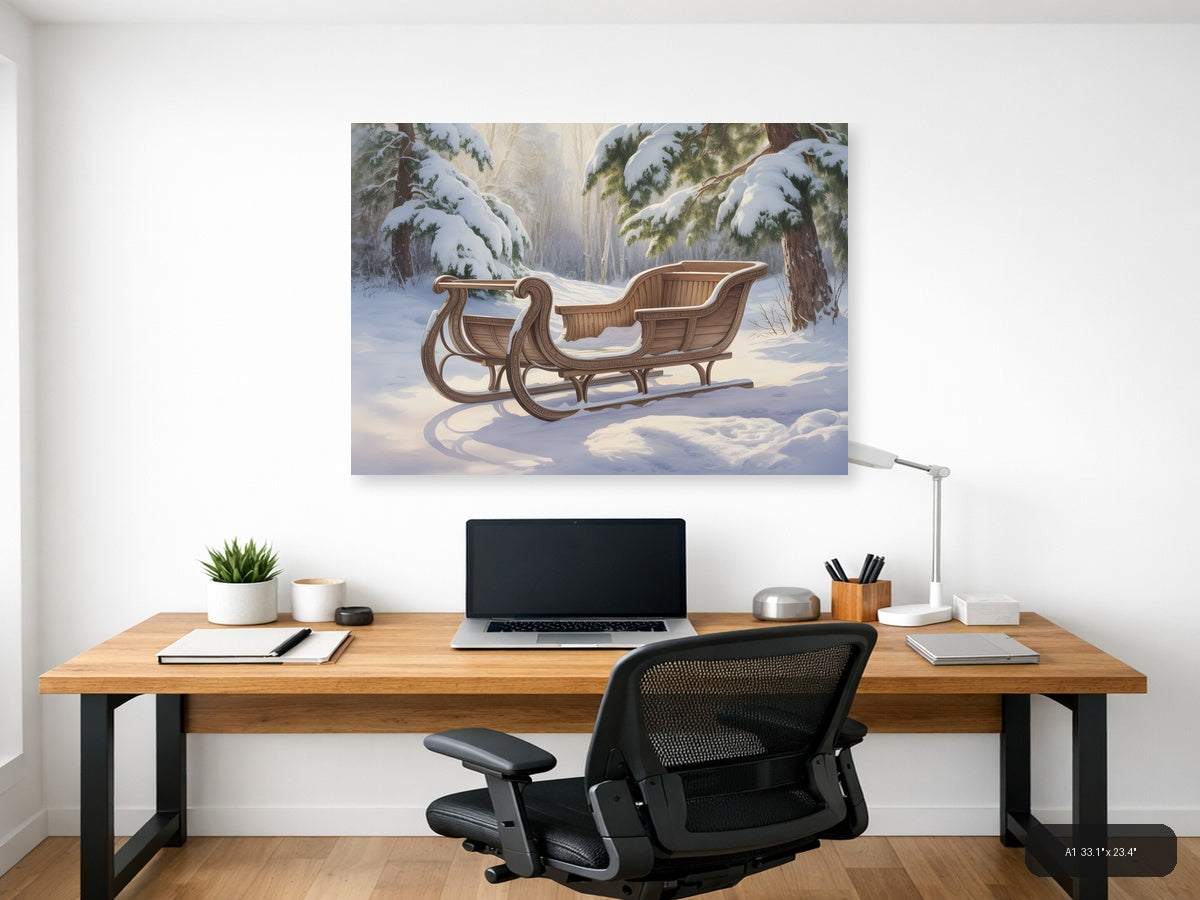 Wooden Sleigh in Snowy Forest Watercolor Wall Art — A1 / Office