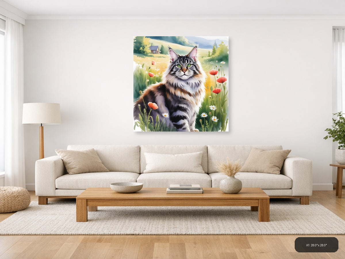 Fluffy Tabby Cat in Wildflower Meadow Watercolor Wall Art — A1 / Living Room