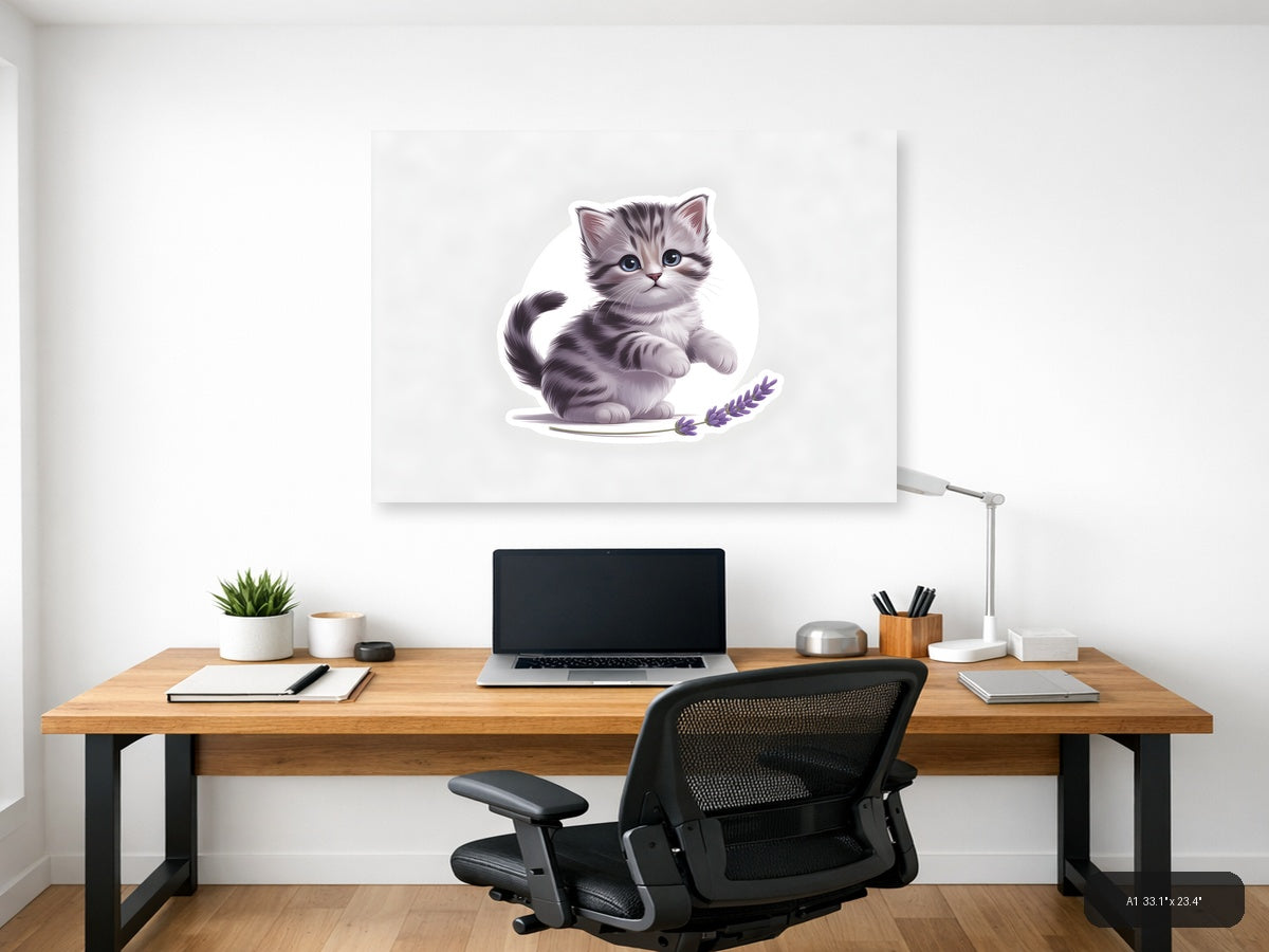 Cute Gray Tabby Kitten with Lavender - Minimalist Wall Art — A1 / Office