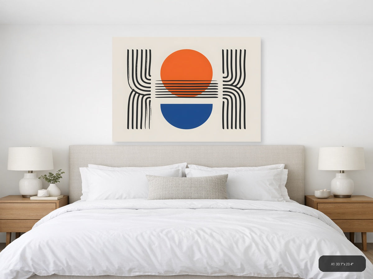 Minimalist Sunset Line Art with Geometric Shapes Wall Art — A1 / Bedroom