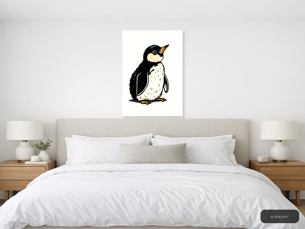 Vintage Penguin Illustration Black White Wall Art — A1 / Bedroom