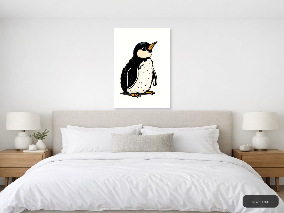 Vintage Penguin Illustration Black White Wall Art — A1 / Bedroom