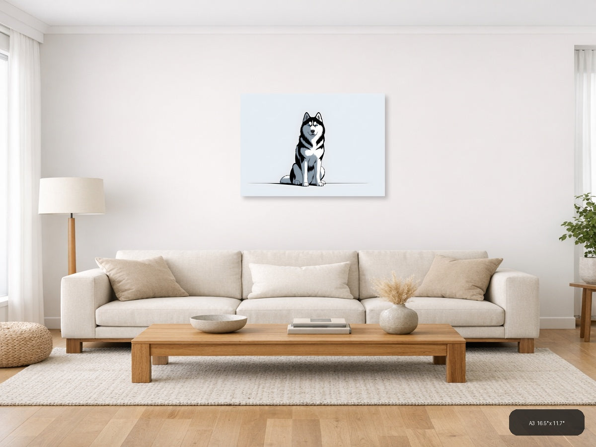 Siberian Husky Portrait - Minimalist Black & White Wall Art — A3 / Living Room