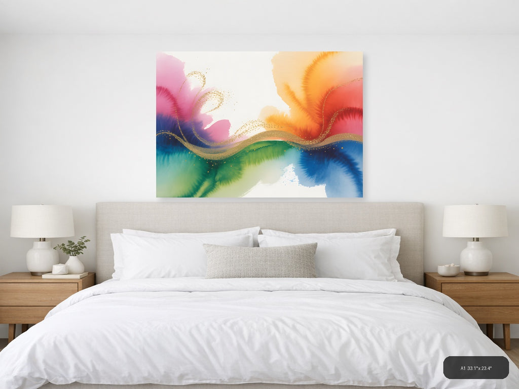 Colorful Watercolor Wave with Gold Accents Wall Art — A1 / Bedroom