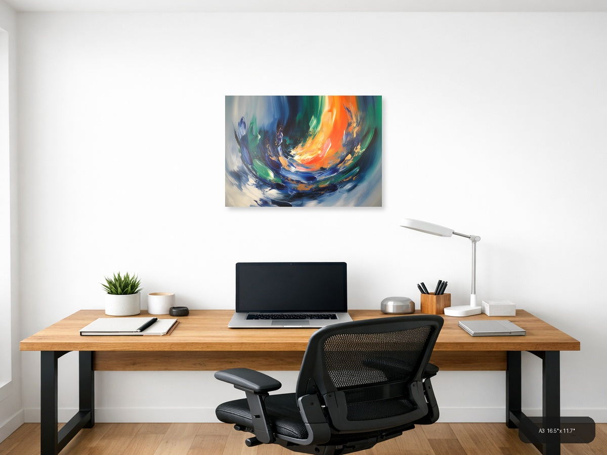 Vibrant Abstract Swirl with Orange and Blue Wall Art — A3 / Office