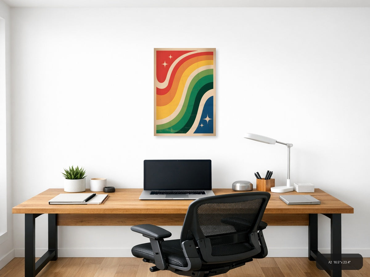 Vintage Rainbow Wave with Stars Portrait Wall Art — A2 / Office