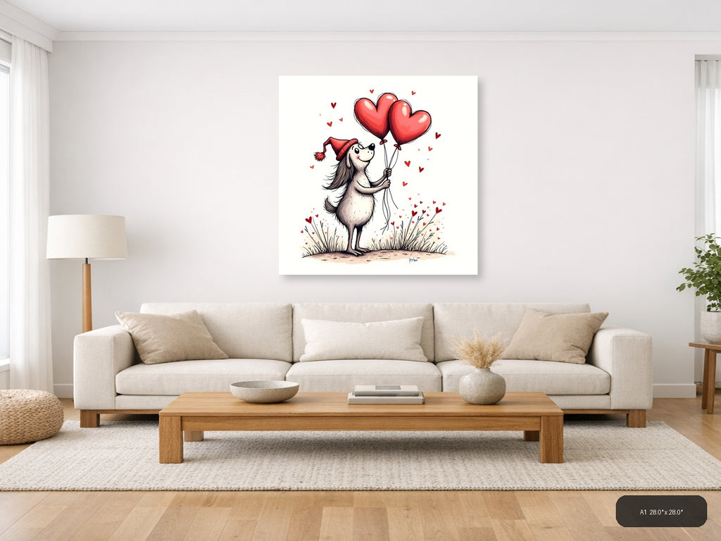 Whimsical Dog with Heart Balloons Line Art Wall Art — A1 / Living Room
