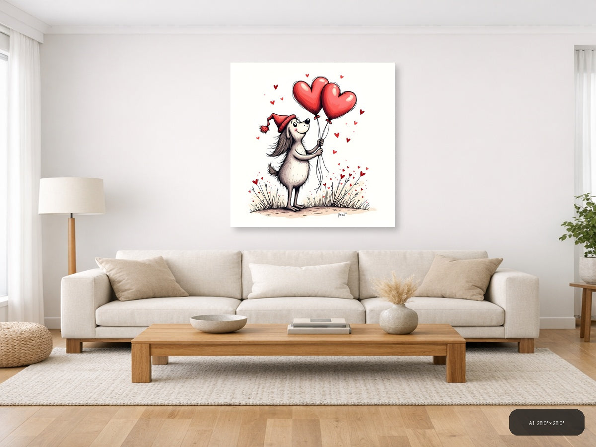 Whimsical Dog with Heart Balloons Line Art Wall Art — A1 / Living Room