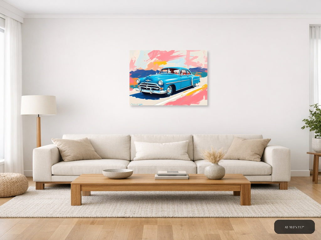 Blue Vintage Car Abstract Brushstrokes Wall Art — A3 / Living Room