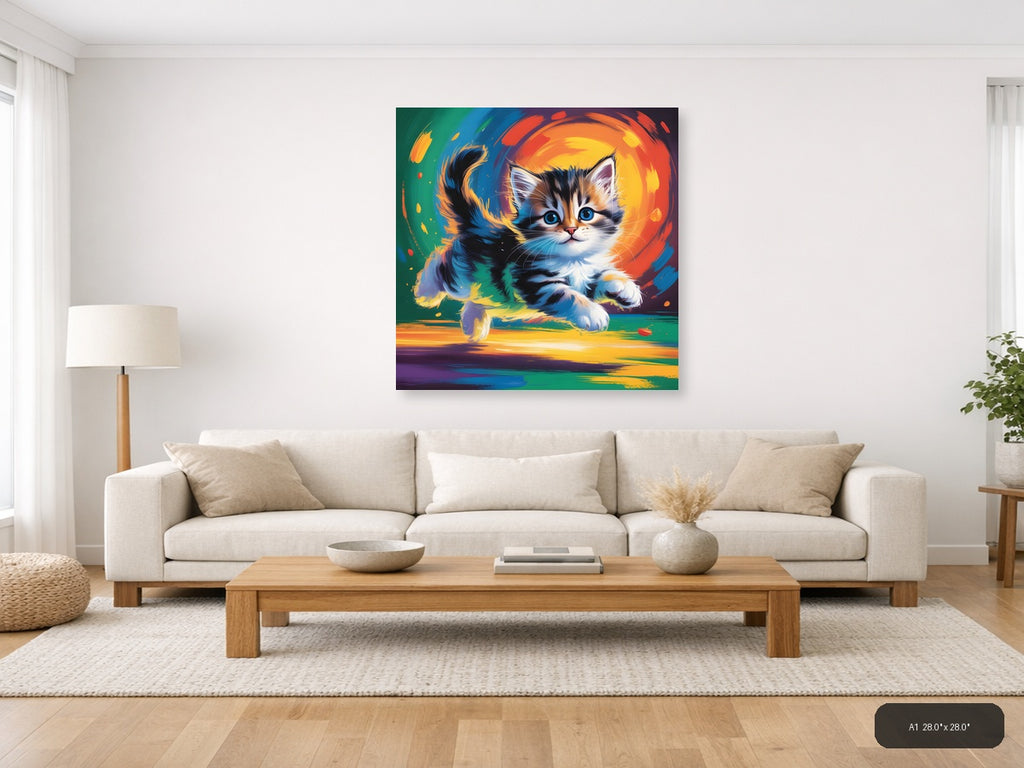 Colorful Abstract Kitten with Blue Eyes Wall Art — A1 / Living Room