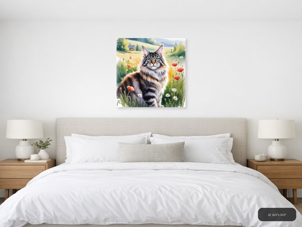 Fluffy Tabby Cat in Wildflower Meadow Watercolor Wall Art — A2 / Bedroom