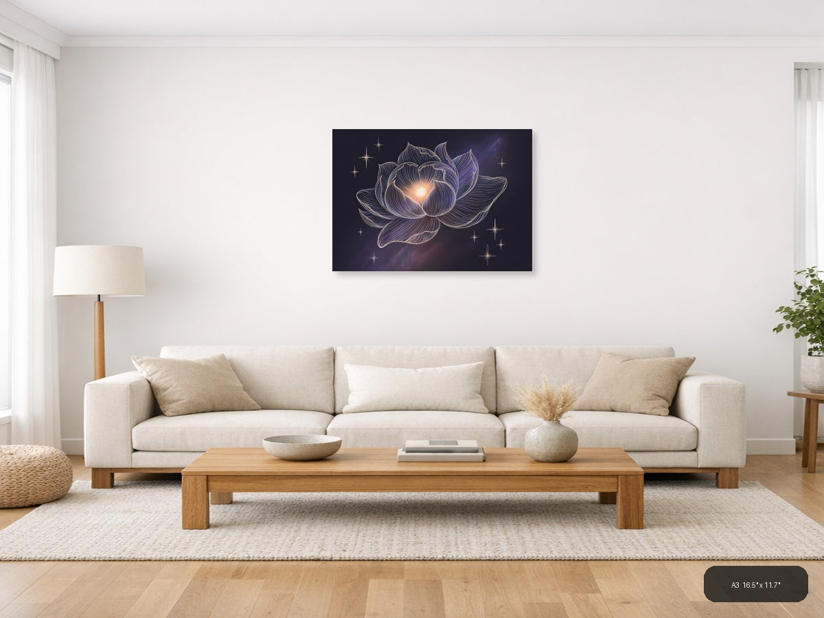 Glowing Lotus Flower Line Art With Stars Wall Art — A3 / Living Room