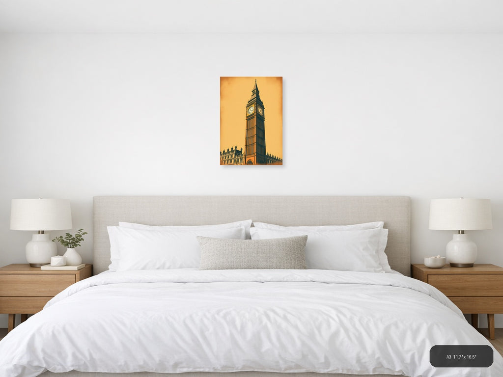 Big Ben Clock Tower Vintage Golden Wall Art — A3 / Bedroom