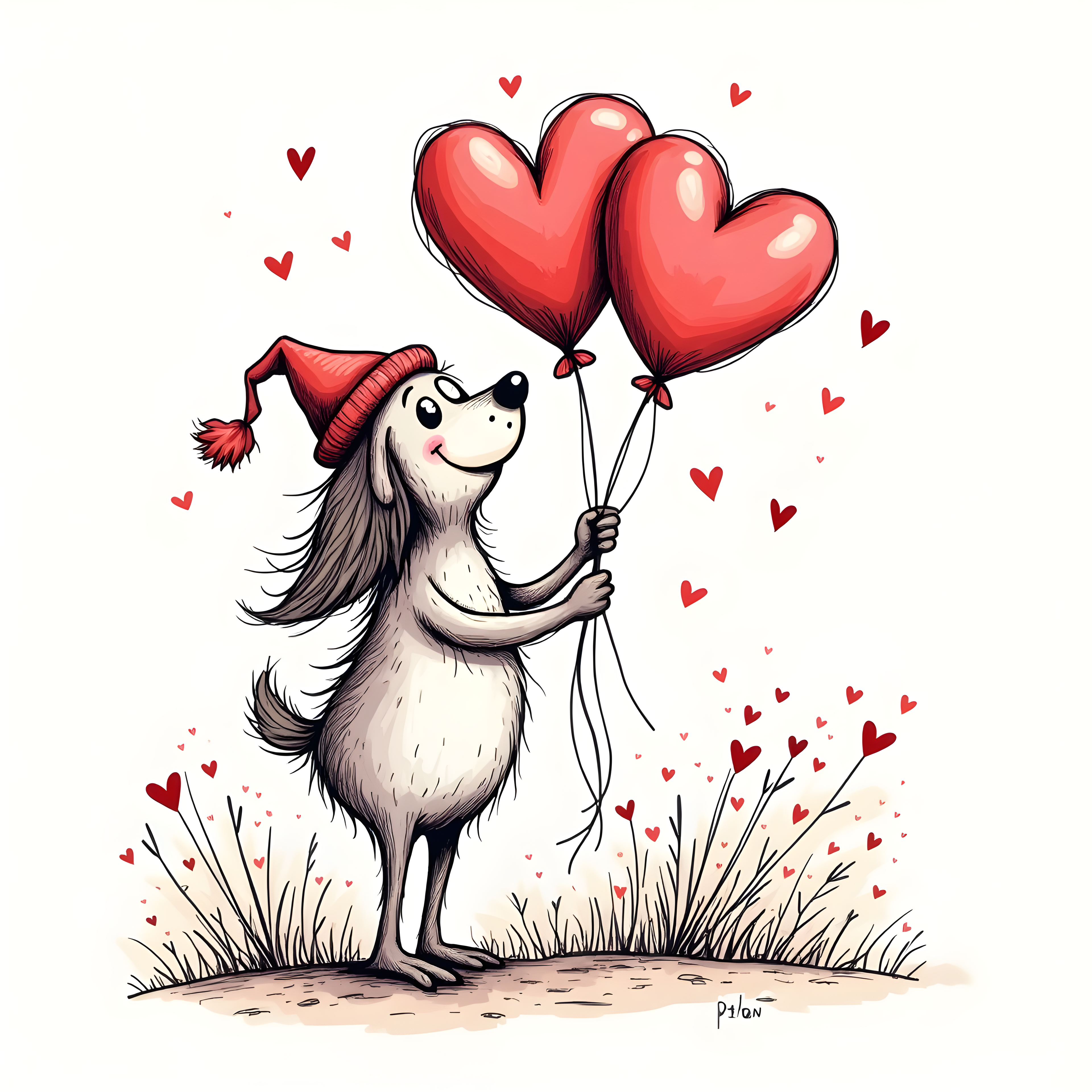 Whimsical Dog with Heart Balloons Line Art Wall Art
