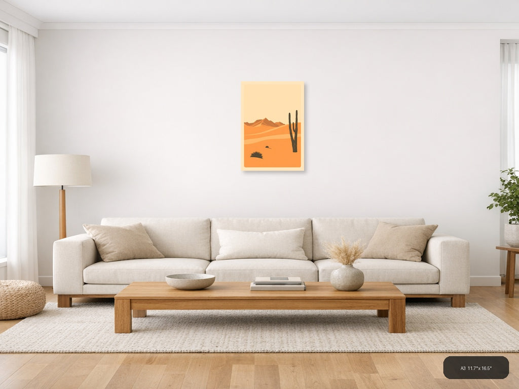Vintage Desert Landscape with Saguaro Cactus Wall Art — A3 / Living Room