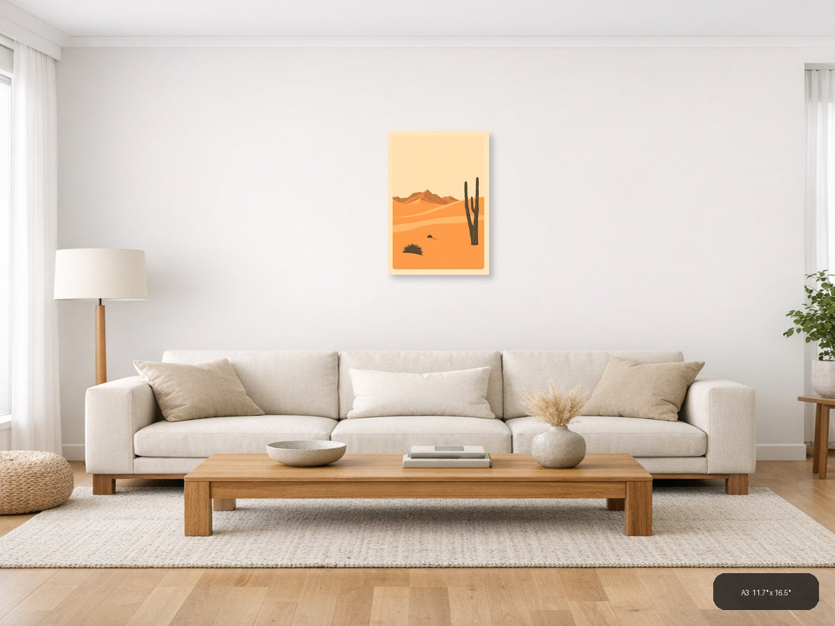 Vintage Desert Landscape with Saguaro Cactus Wall Art — A3 / Living Room
