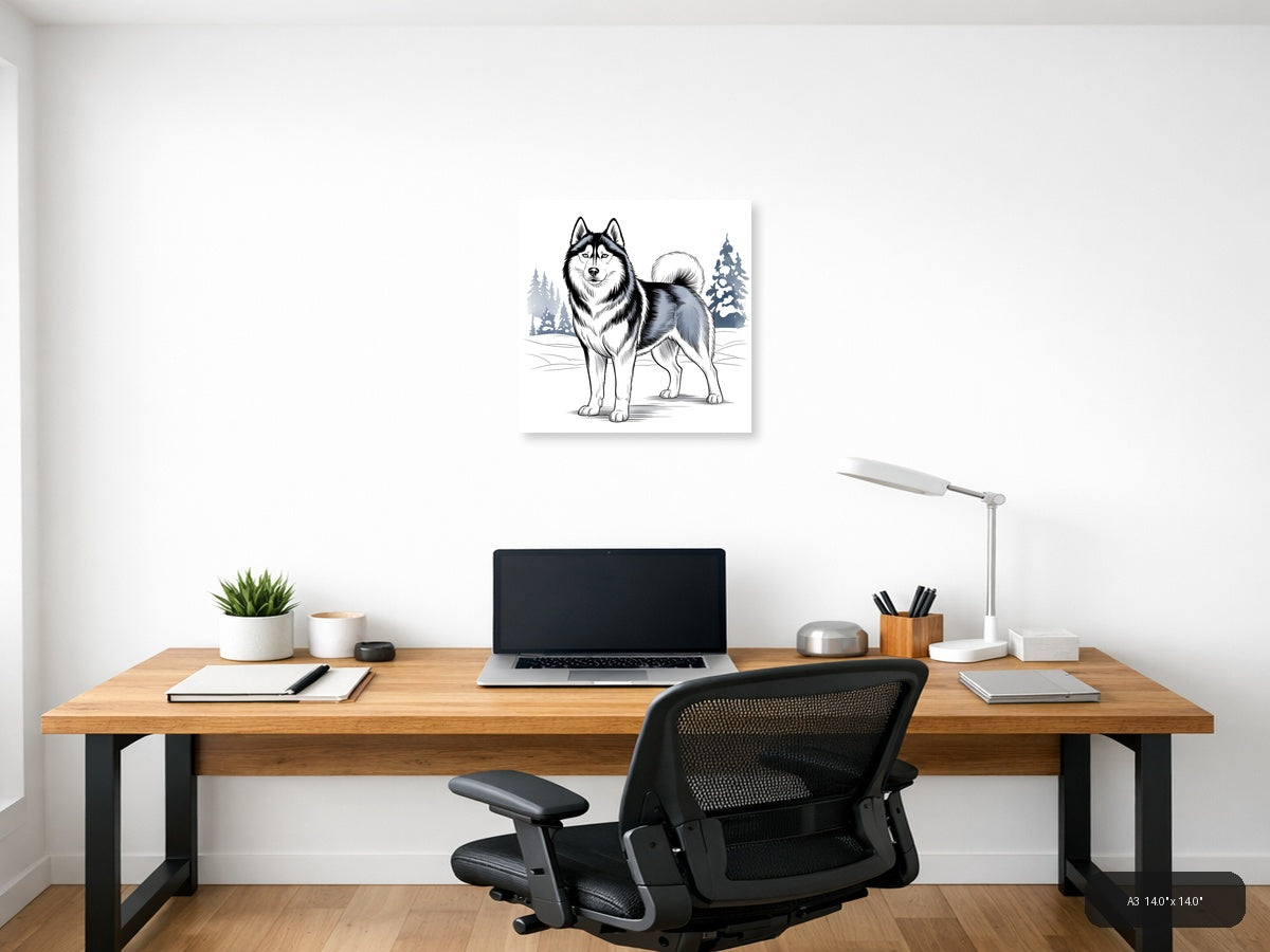 Husky Winter Line Art Portrait Wall Art — A3 / Office