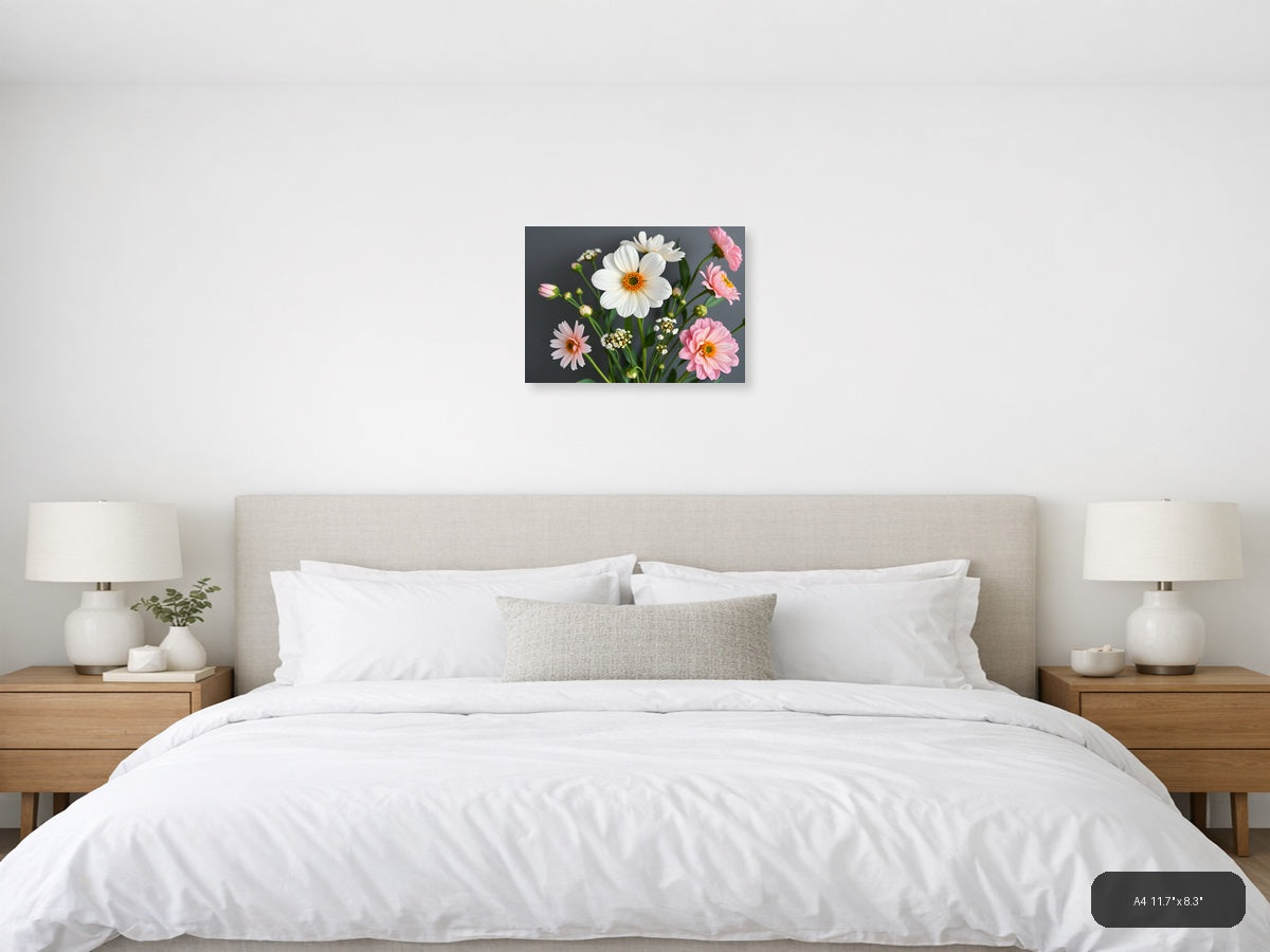White Daisy & Pink Gerbera Minimalist Flower Wall Art — A4 / Bedroom