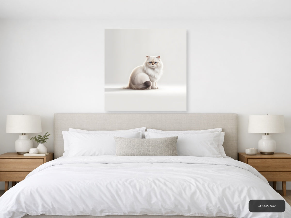 White Persian Cat with Blue Eyes Minimalist Wall Art — A1 / Bedroom